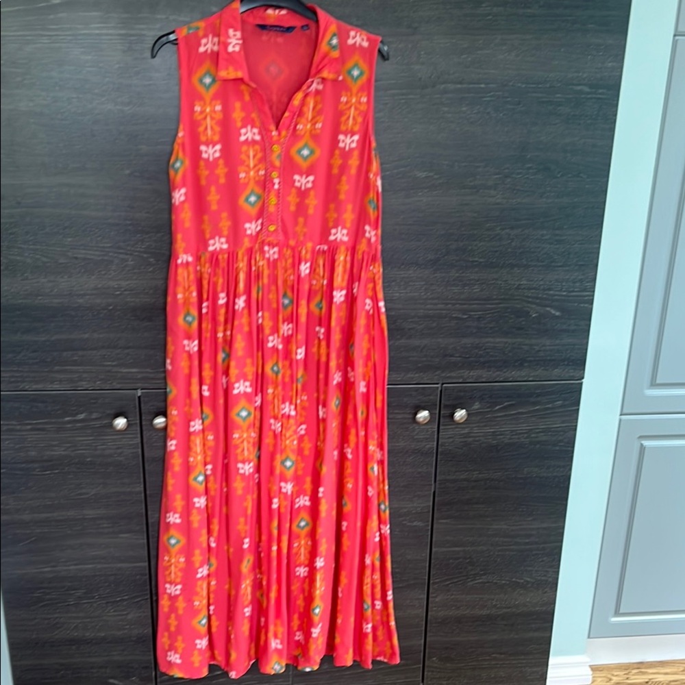 Fusion Med Maxi Rayon Coral Dress w Southwestern Print Button Front Sleeveless